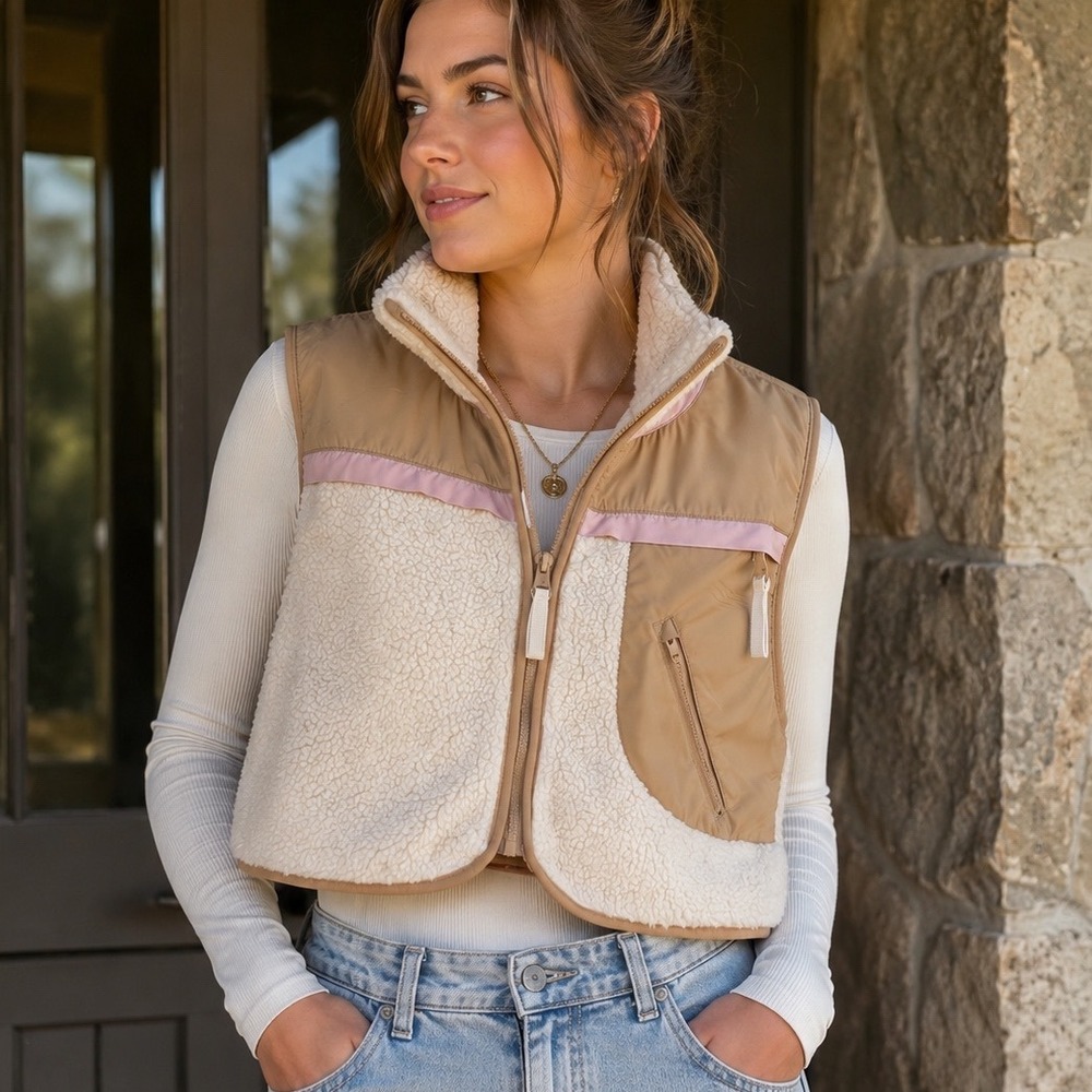 FP Movement Hit The Slopes Fleece Vest Tan Cream Pink Small Cropped Zip Up